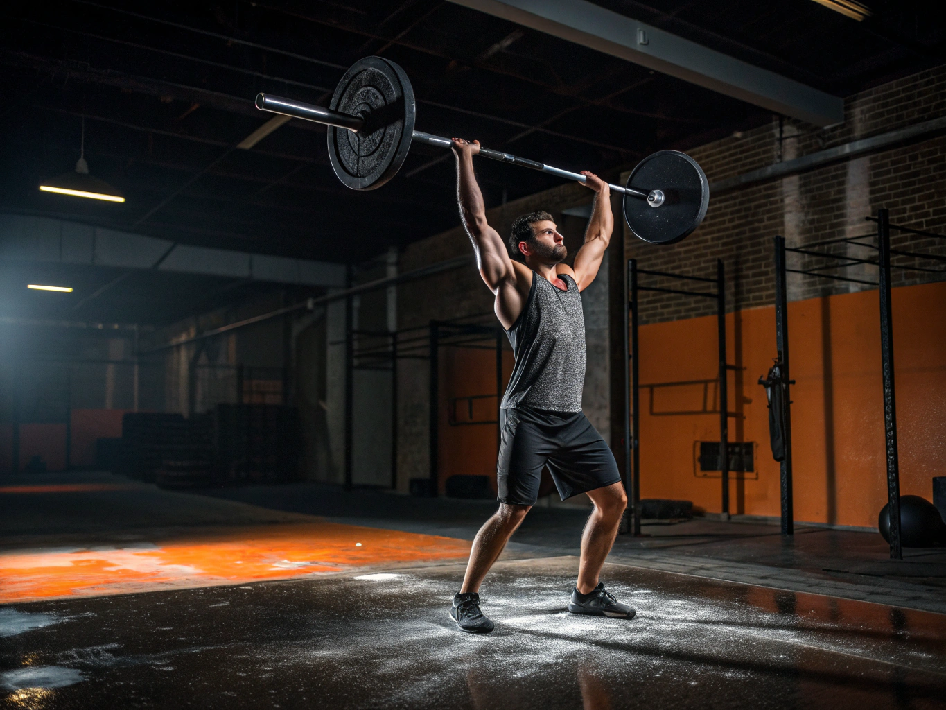 High-intensity athlete training with heavy iron in a dark gym
