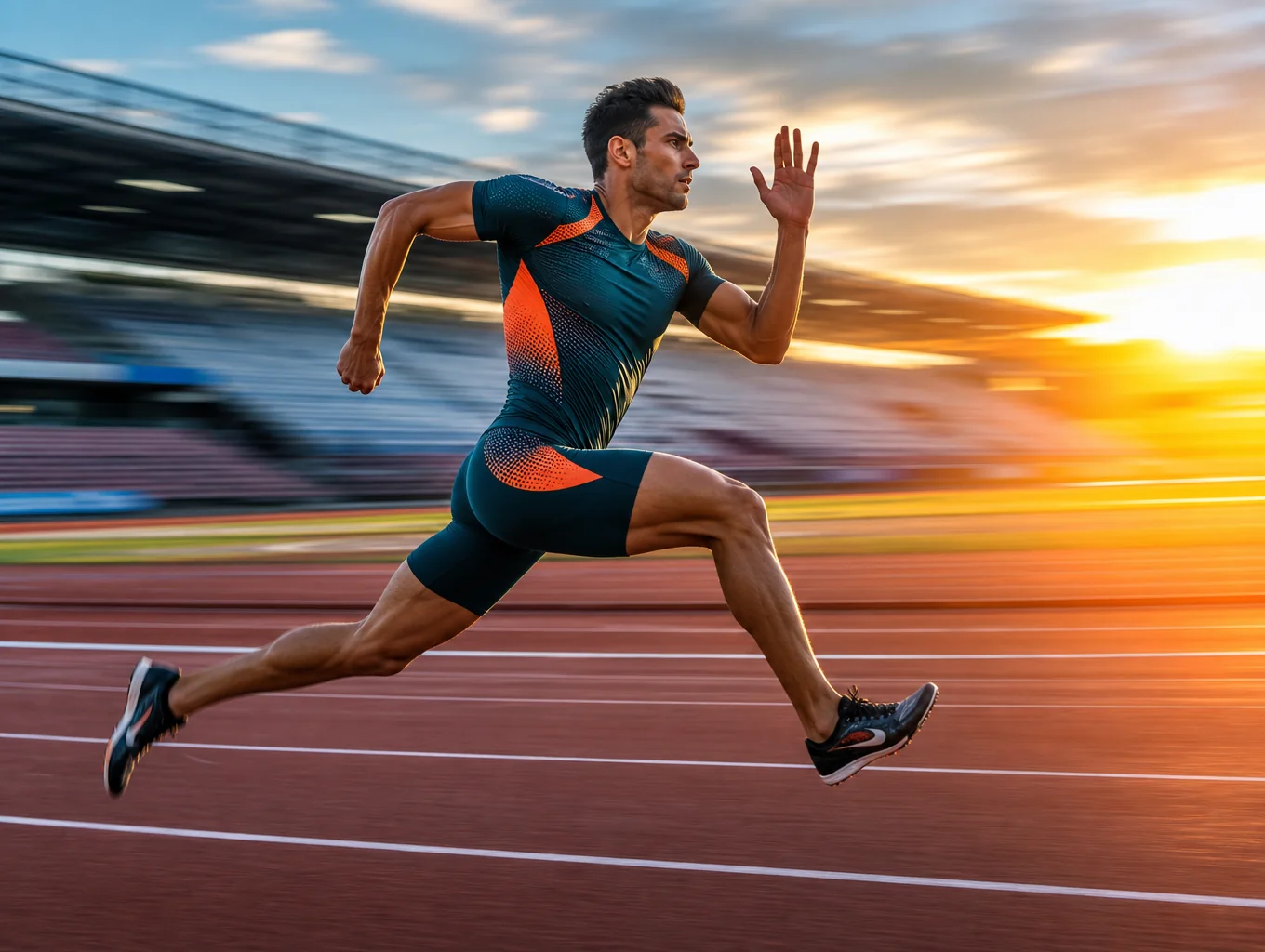 Athlete running on a track at dawn